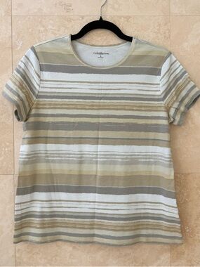 Croft & Barrow Beige Gray Striped Short Sleeve Crew Neck T-Shirt Large NWOT
